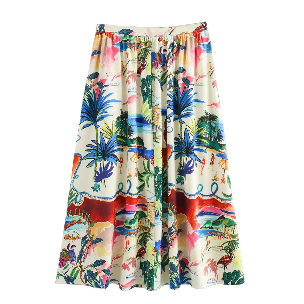 Printed Short Sleeve Shirt & High-Waist Midi Skirt Set – Casual Two-Piece Outfit
