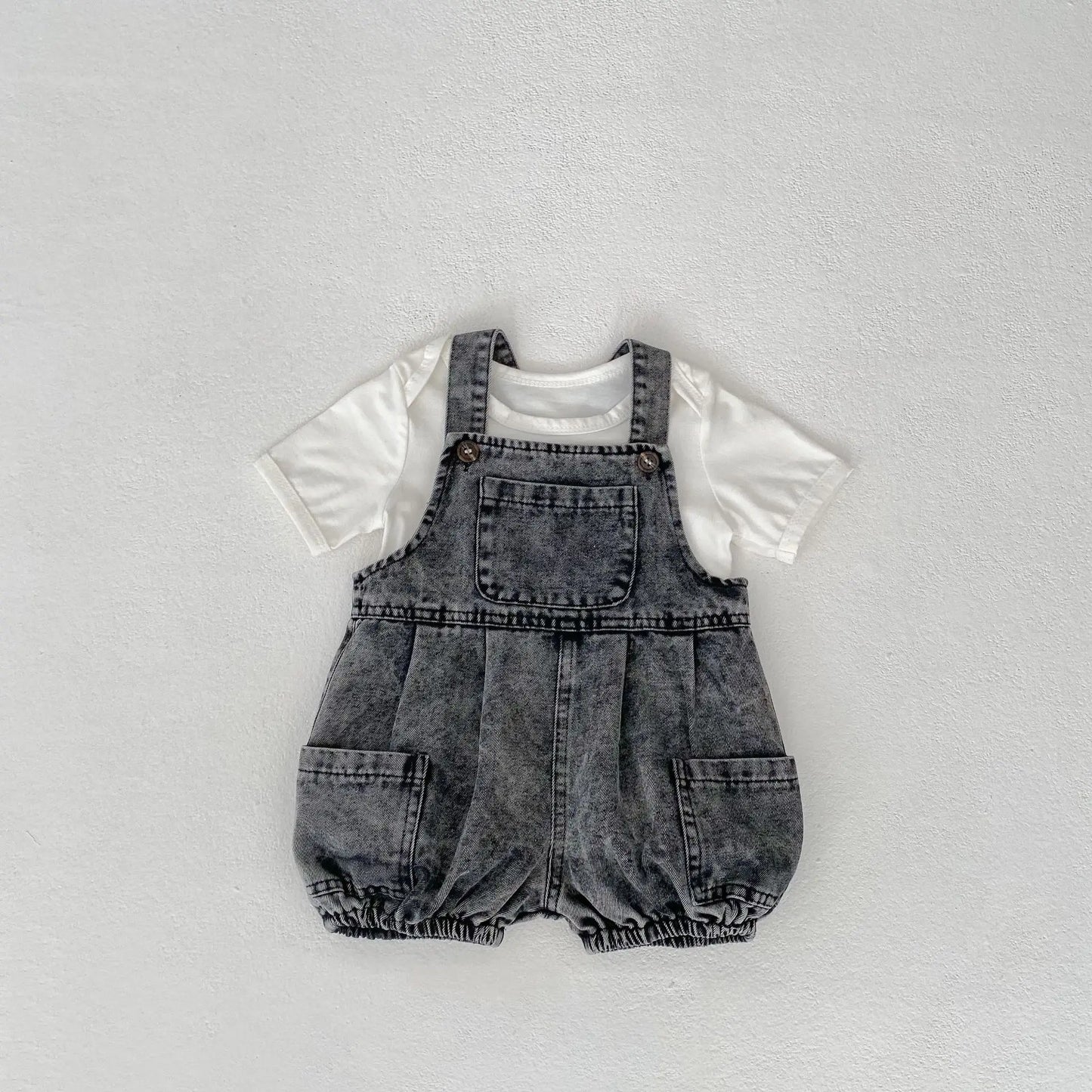 Summer Baby Outfit – Denim Strap Shorts & Rainbow T-Shirt Set (0–3Y) Sold Separately