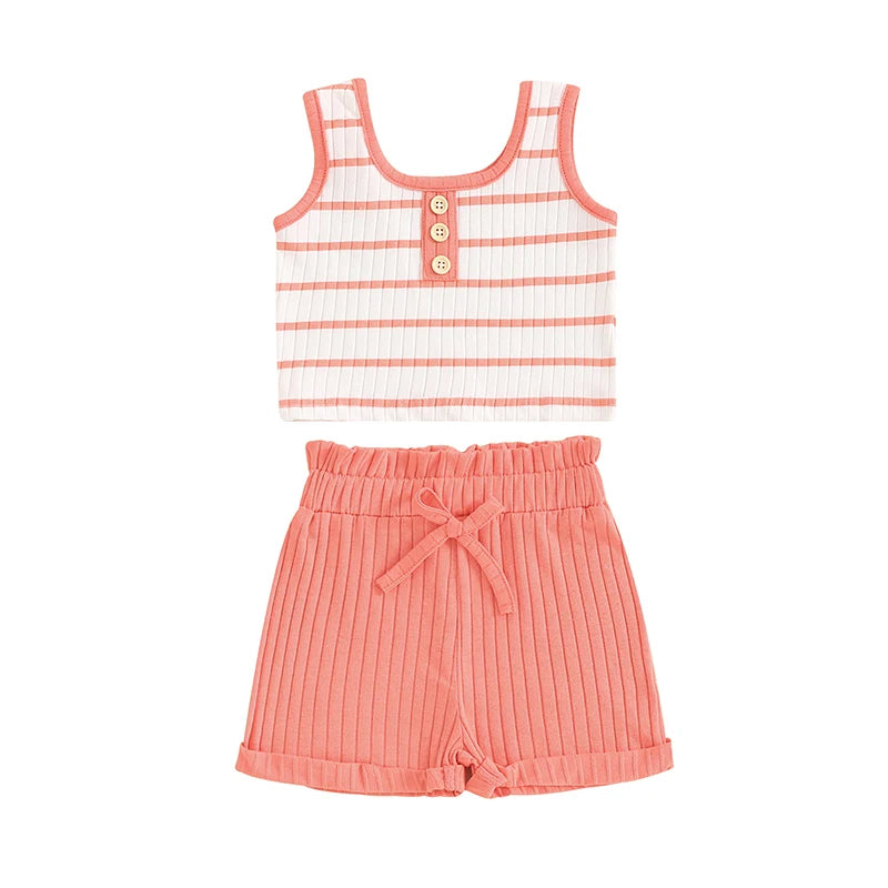 Ribbed Striped Sleeveless Buttoned Vest Tops & Shorts Set