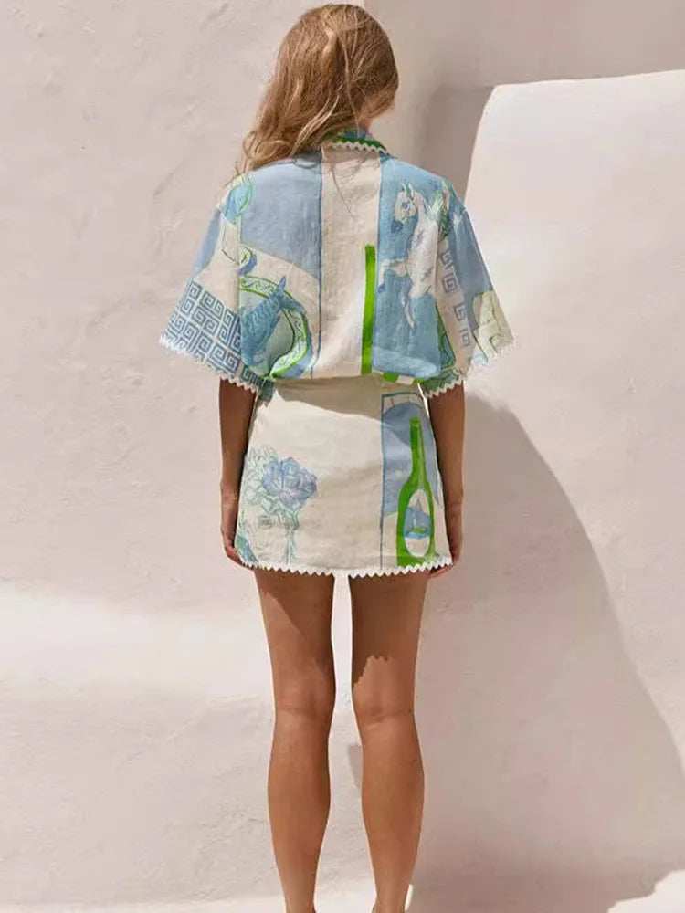 2PCS Summer Women’s Skirt Set – Printed Shirt + Asymmetrical A-line Skirt