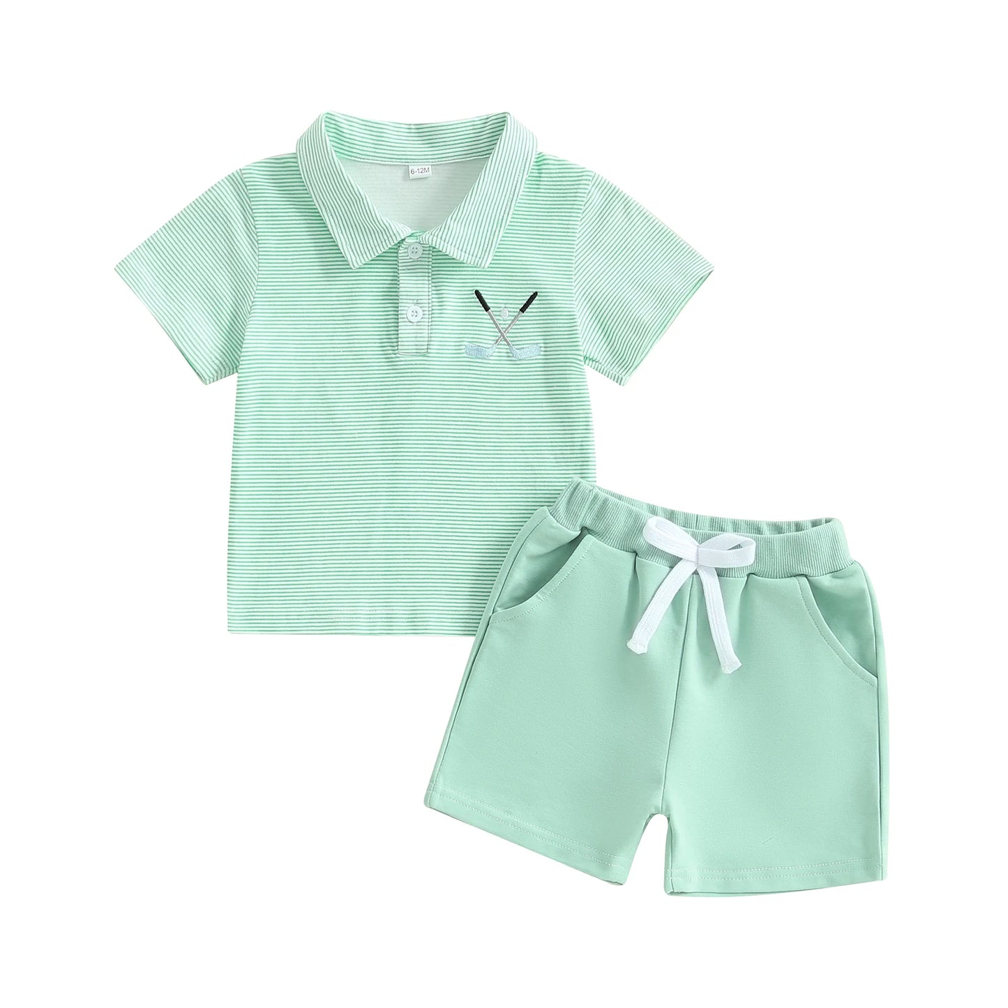 Baby Boy 2-Piece Summer Outfit – Golf Club Embroidered Shirt & Plaid Shorts
