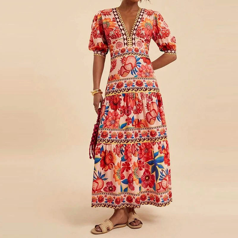 Women’s Elegant V-Neck Bubble Sleeve Long Dress – Vintage Floral Print