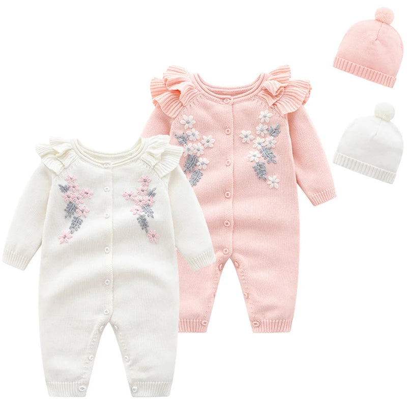 Baby Girl Knitted Romper with Matching Hat – Embroidered Floral Design