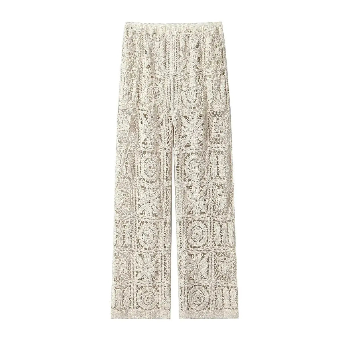 Women’s Knitted Two-Piece Pants Set – Hollow-Out Cardigan & High-Waist Trousers