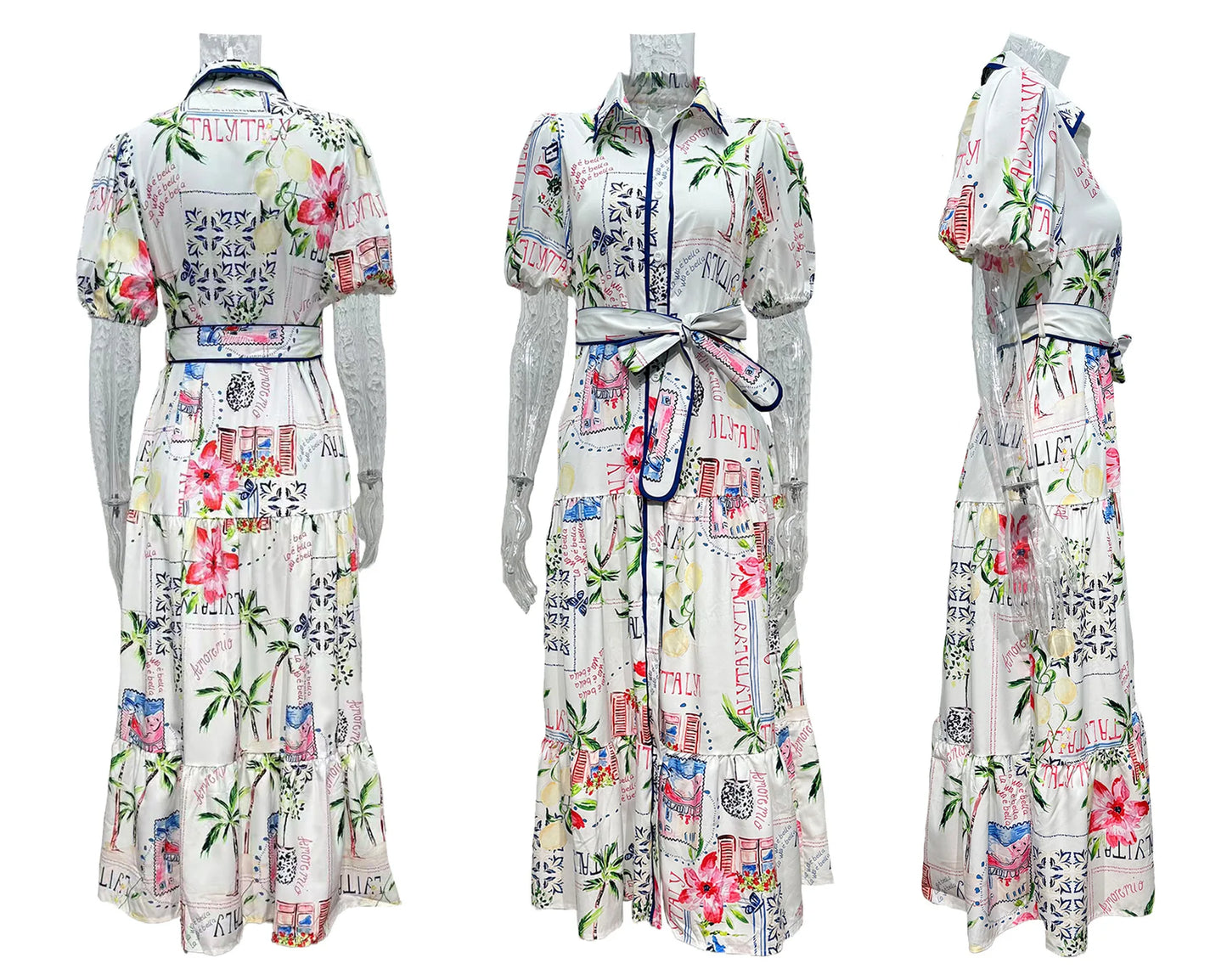 Women’s Vintage Floral Print Long Dress – Elegant A-Line Belted Maxi