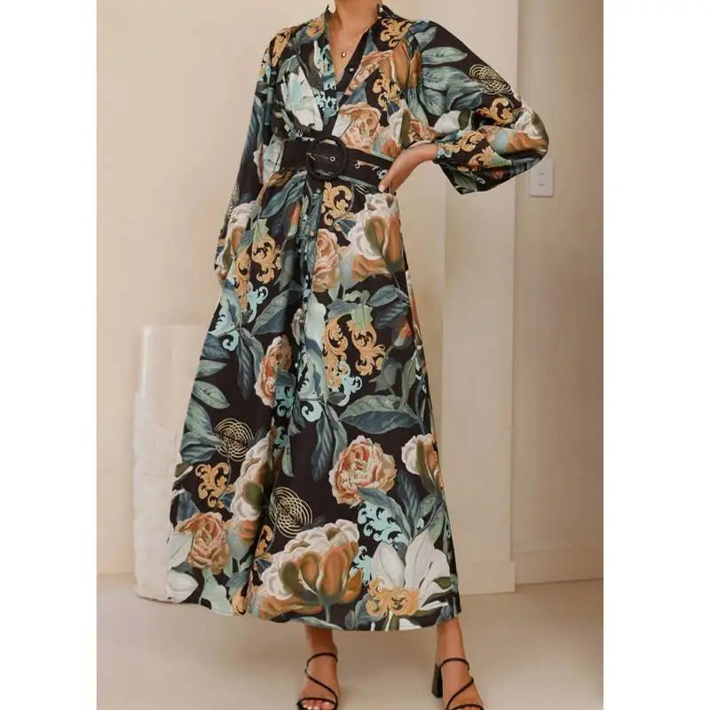 Casual Printed Long Sleeve Dress with Belt – High Waist A-Line Bubble Style