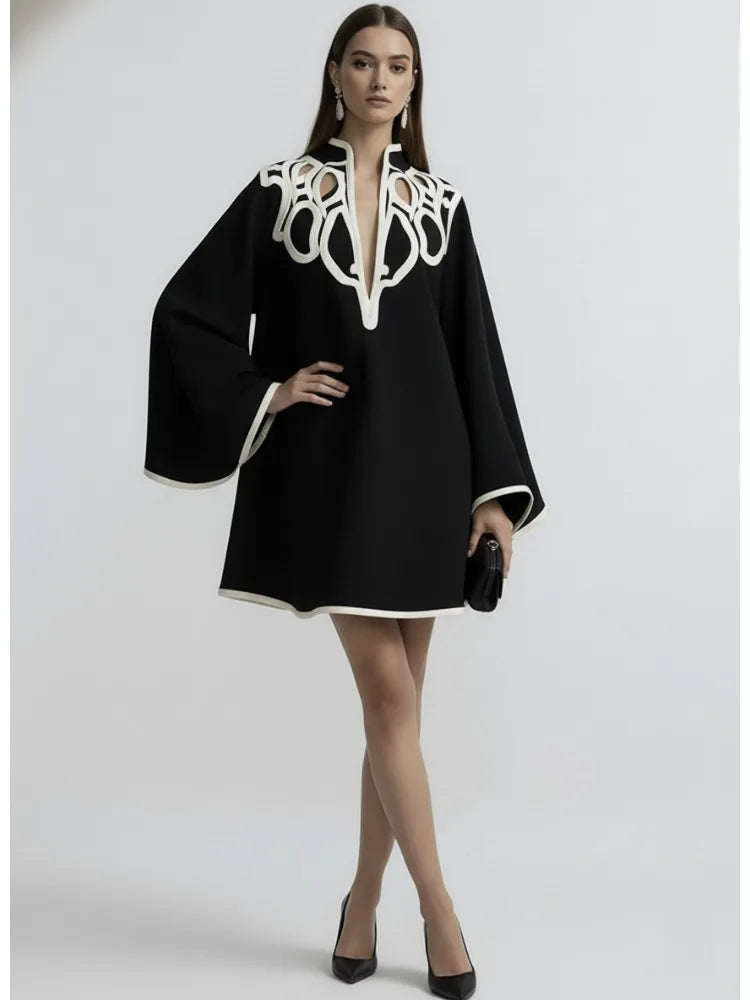 Hollowed V-Neck Mini Dress – Flared Sleeves A-Line Dress -Black