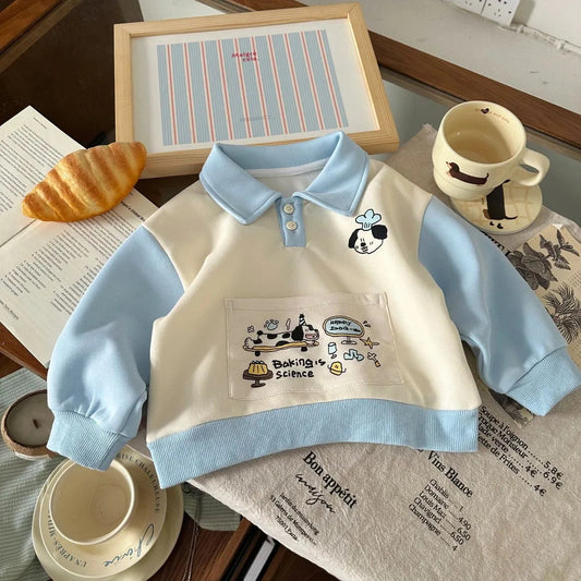 Baby Boy Autumn Cartoon Sweatshirt with Pocket Patchwork
