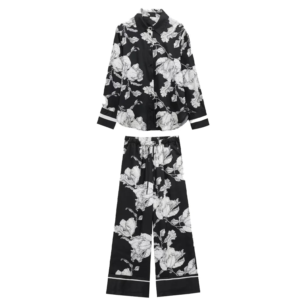 Women’s Fashion Printed Shirt & High Waist Straight Pants Set