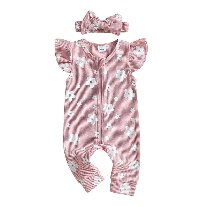 Baby Girls Summer Outfit – Floral Romper & Bow Headband (2-Piece Set)