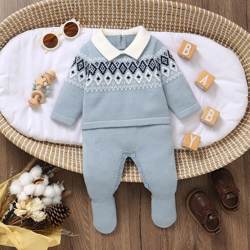 Geometric Knitted Baby Romper – Turn-Down Collar & Footed Design