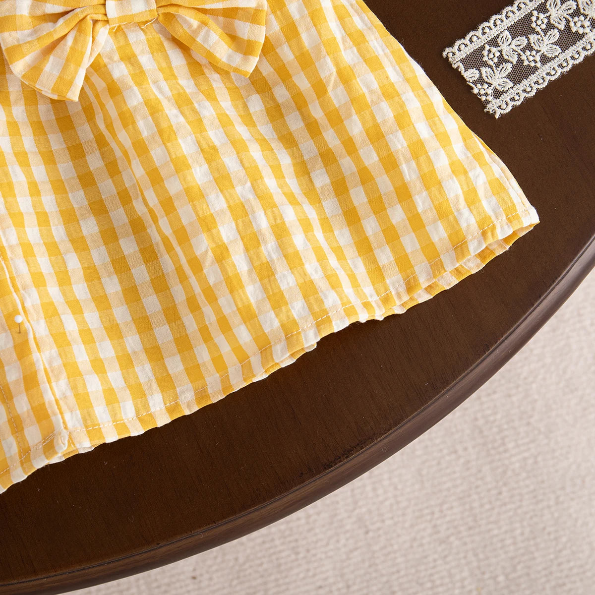 Sweet Strawberry Baby Girl Dress – Yellow Checkered, Long Sleeve (6M–3Y)