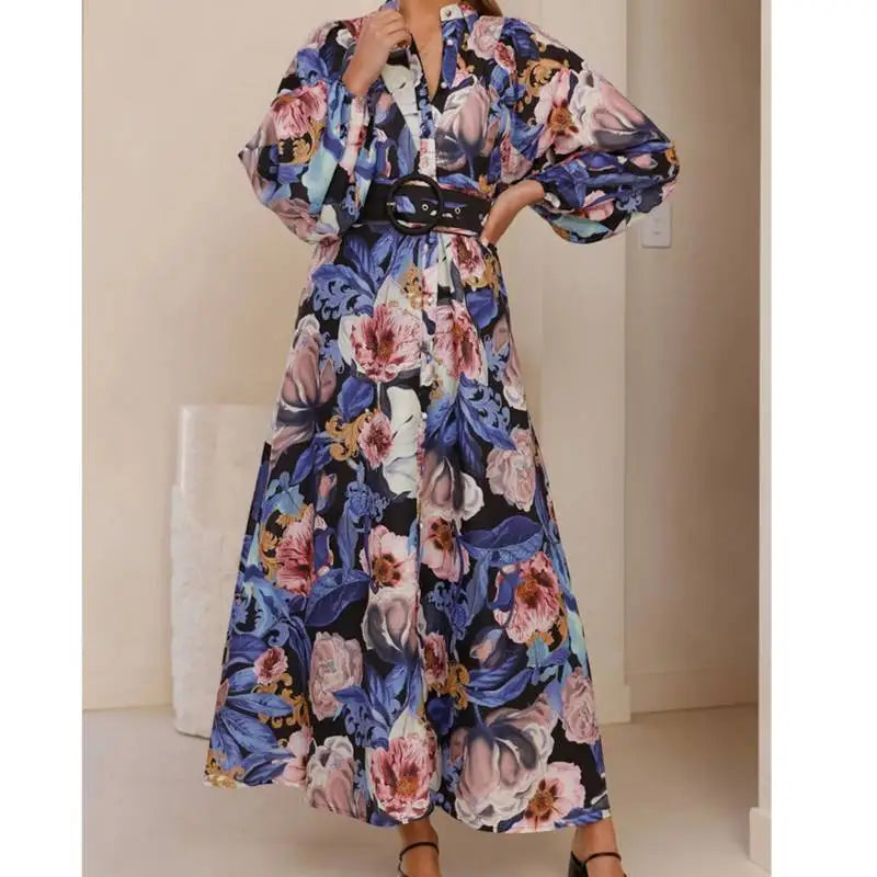 Casual Printed Long Sleeve Dress with Belt – High Waist A-Line Bubble Style