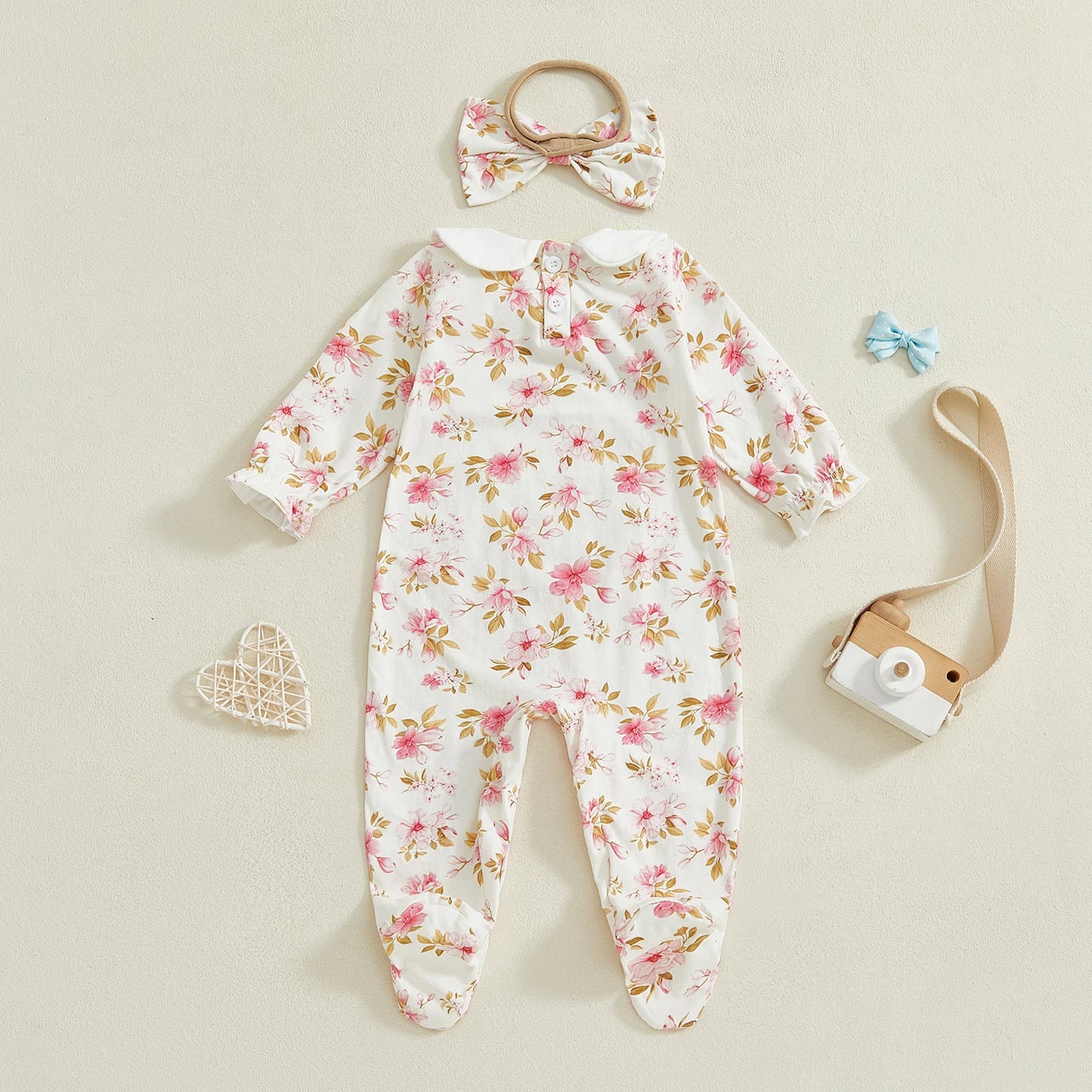 Newborn Baby Girl Bow/Floral Print Jumpsuit with Headband