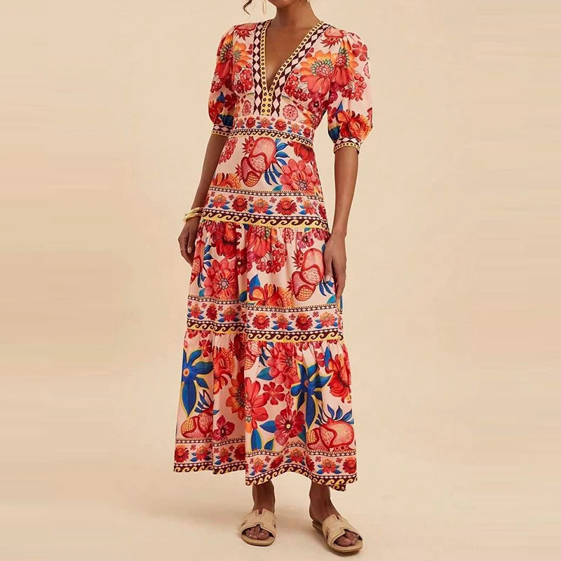 Women’s Elegant V-Neck Bubble Sleeve Long Dress – Vintage Floral Print