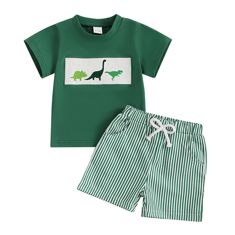 Toddler Boy Summer Outfit – Whale/Dinosaur/Turtle Tee & Striped Shorts (2-Piece Set)
