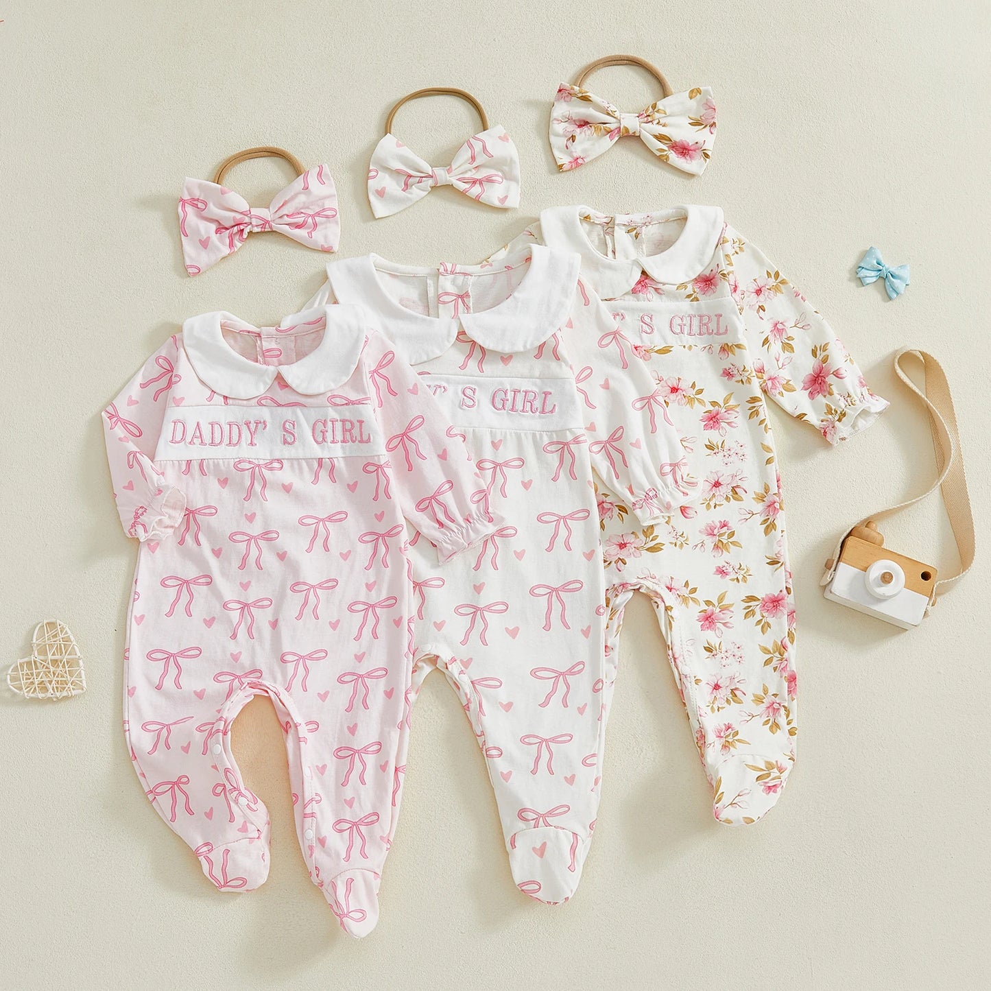 Newborn Baby Girl Bow/Floral Print Jumpsuit with Headband