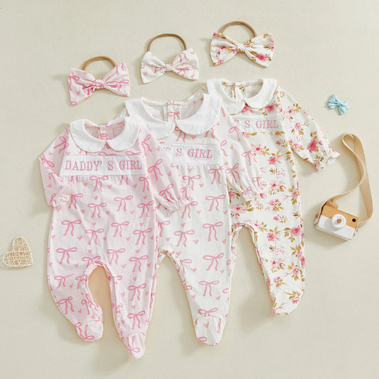 Newborn Baby Girl Bow/Floral Print Jumpsuit with Headband