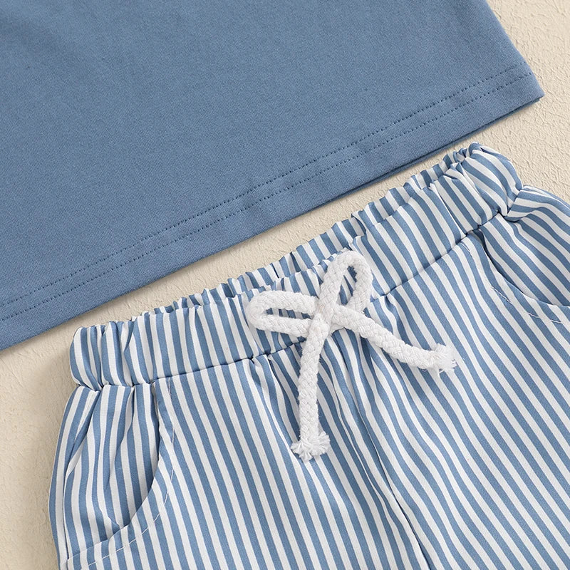 Toddler Boy Summer Outfit – Whale/Dinosaur/Turtle Tee & Striped Shorts (2-Piece Set)