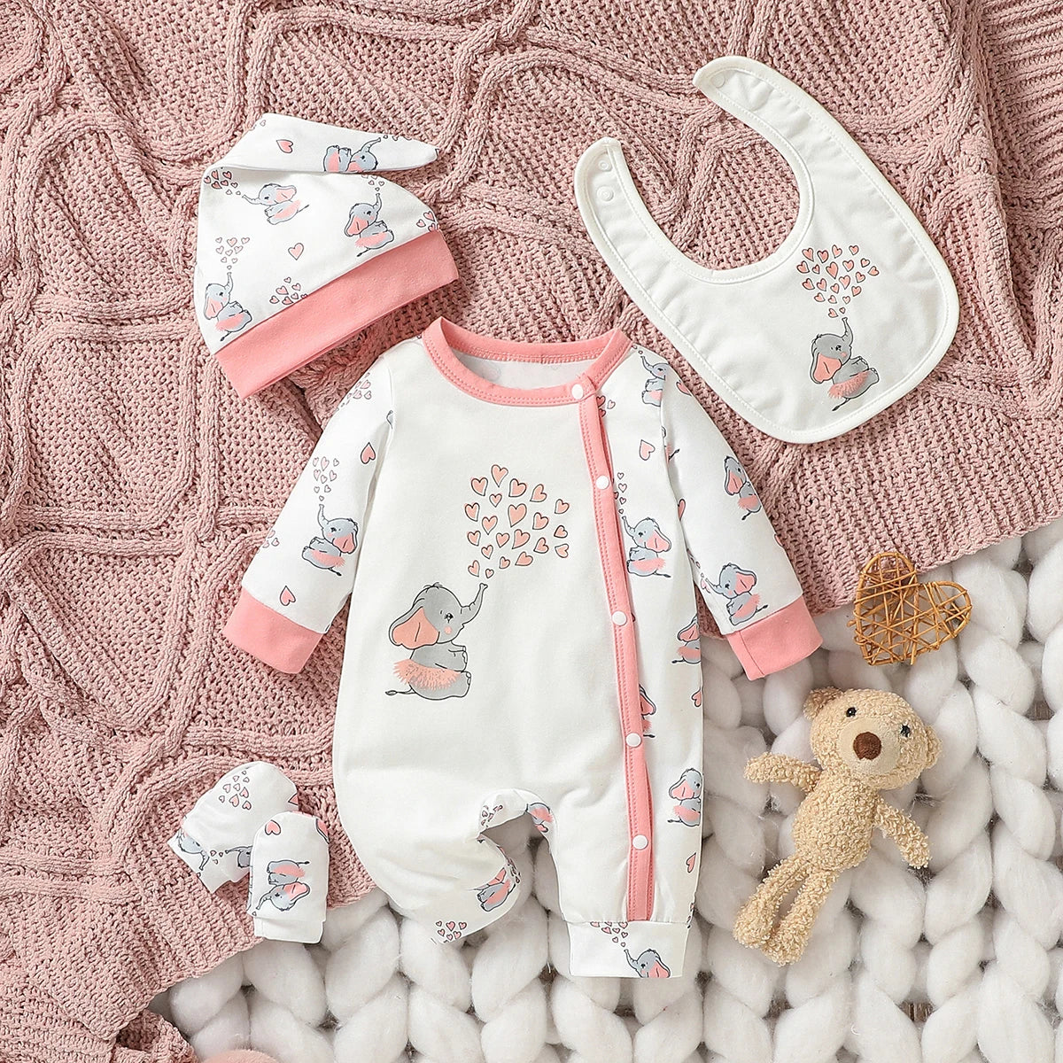 4PCS Baby Jumpsuit Set with Bib, Hat & Gloves – Unisex Animal Print