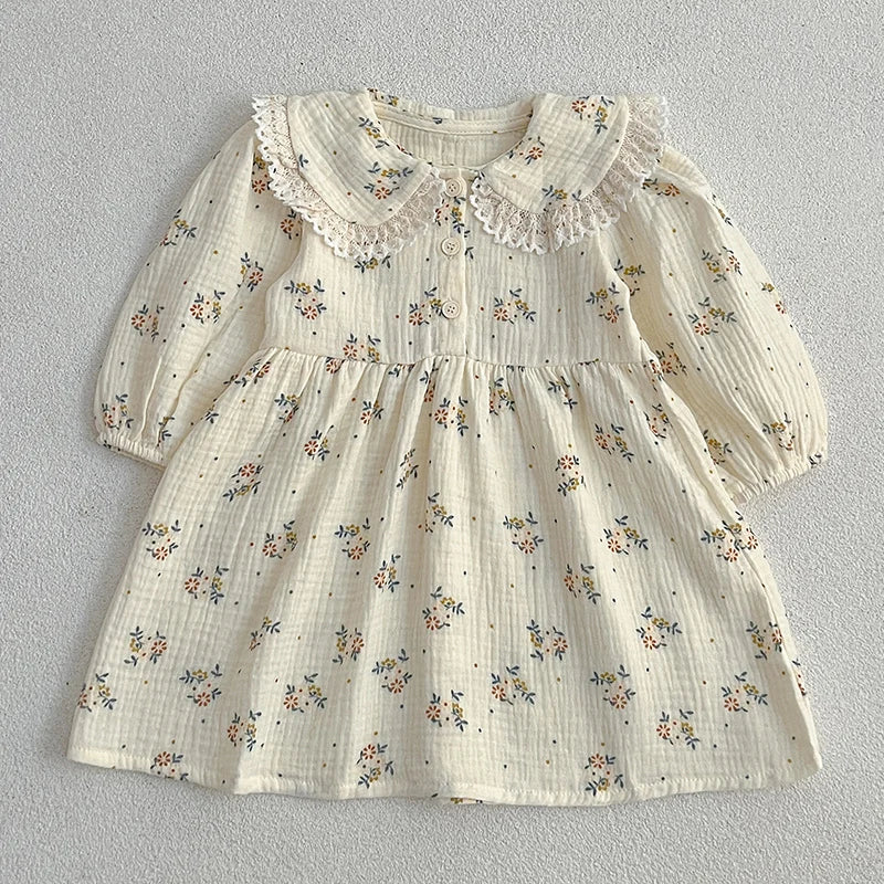 Autumn Floral Cotton Princess Dress with Lace Collar – Girls