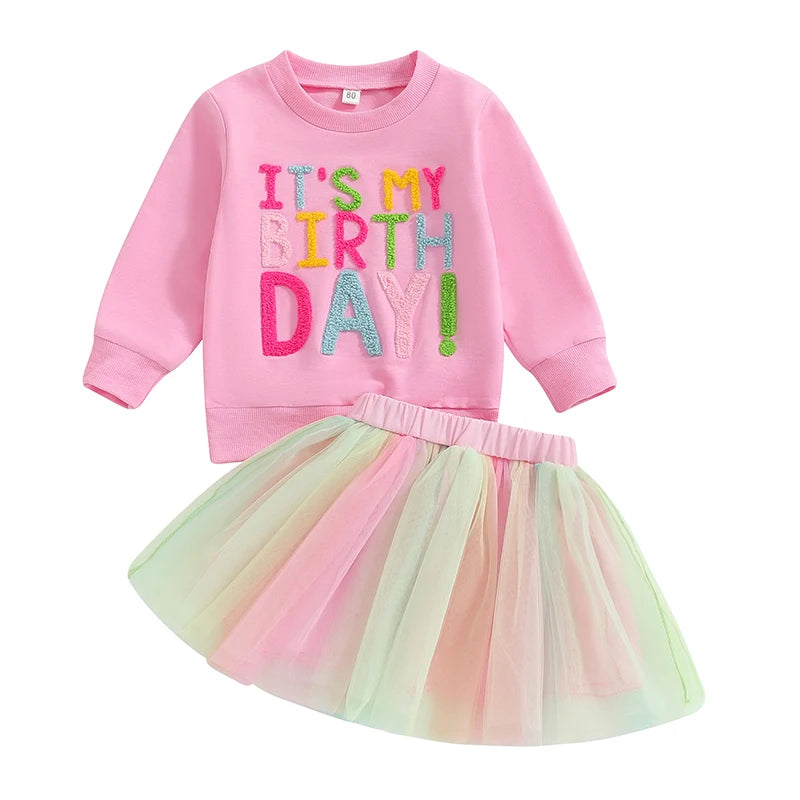 Toddler Birthday Outfit – Letter Print Sweatshirt & Rainbow Tutu Skirt