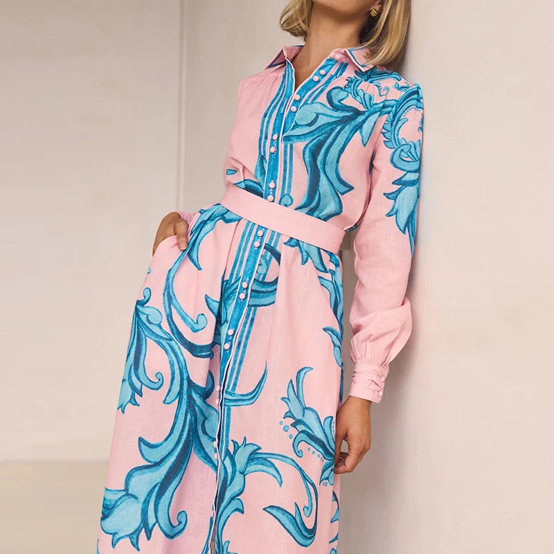 Elegant Lapel Pleated Contrast Long Dress