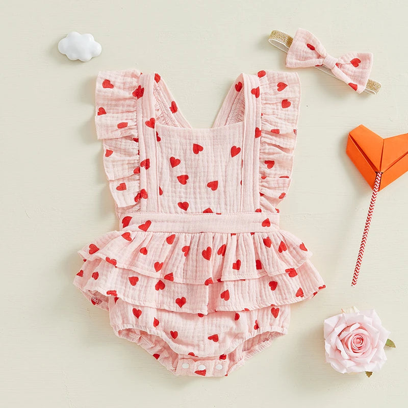 Bow & Heart Print Bodysuit with Headband