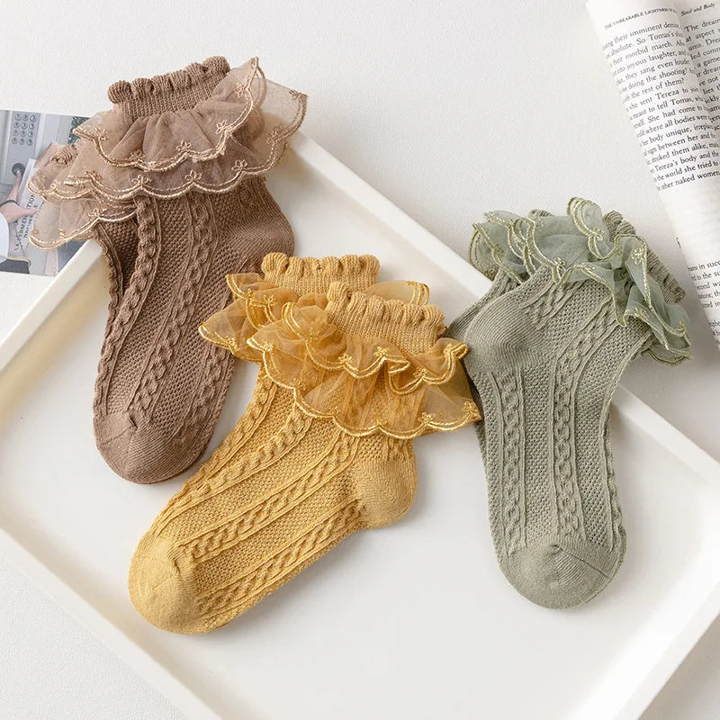 3 Pairs Girls’ Ruffle Lace Cotton Socks