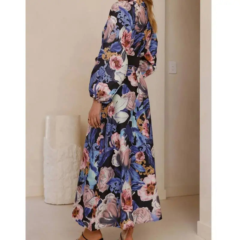 Casual Printed Long Sleeve Dress with Belt – High Waist A-Line Bubble Style
