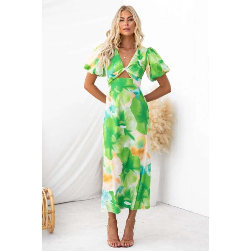 Women’s Puff Sleeve Floral Print Long Dress – V-Collar Hollow Out Design