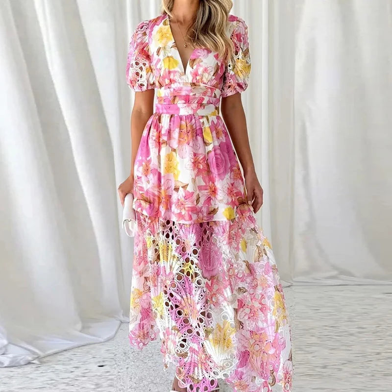 New Hollow Out Puff Sleeve Maxi Dress