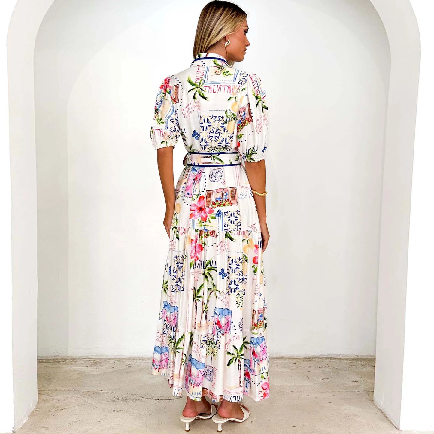 Women’s Vintage Floral Print Long Dress – Elegant A-Line Belted Maxi