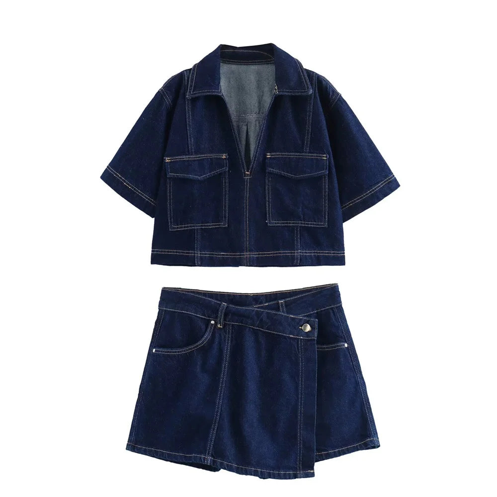 Women’s Denim Suit – V-Neck Top & Asymmetrical Culottes