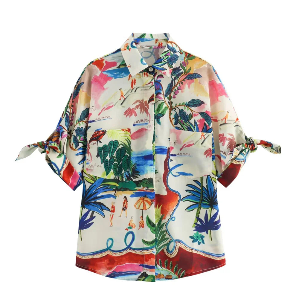 Printed Short Sleeve Shirt & High-Waist Midi Skirt Set – Casual Two-Piece Outfit