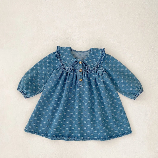 Baby Girl Bow Embroidered Long Sleeve Denim Dress