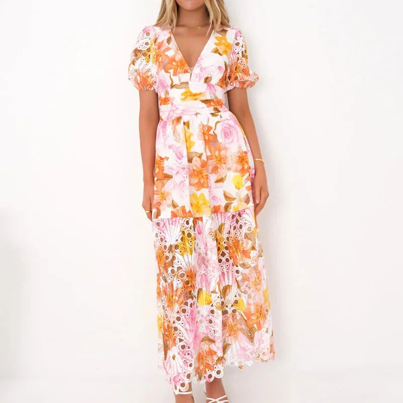New Hollow Out Puff Sleeve Maxi Dress