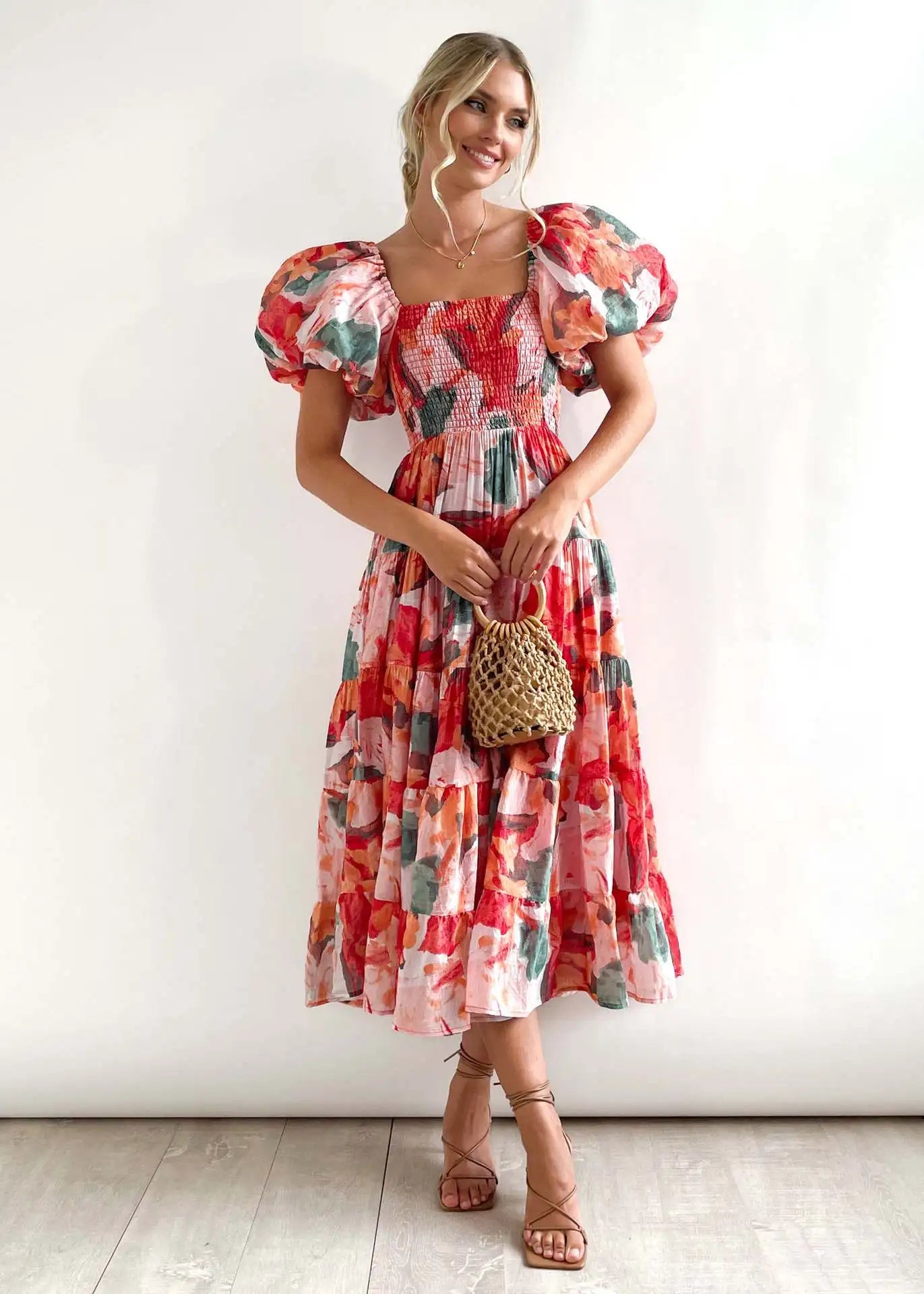 Women’s Off-Shoulder Puff Sleeve Floral Maxi Dress