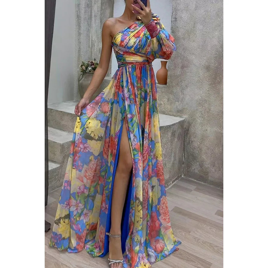 Women’s Long Sleeve Waist-Tied Print Slit Dress