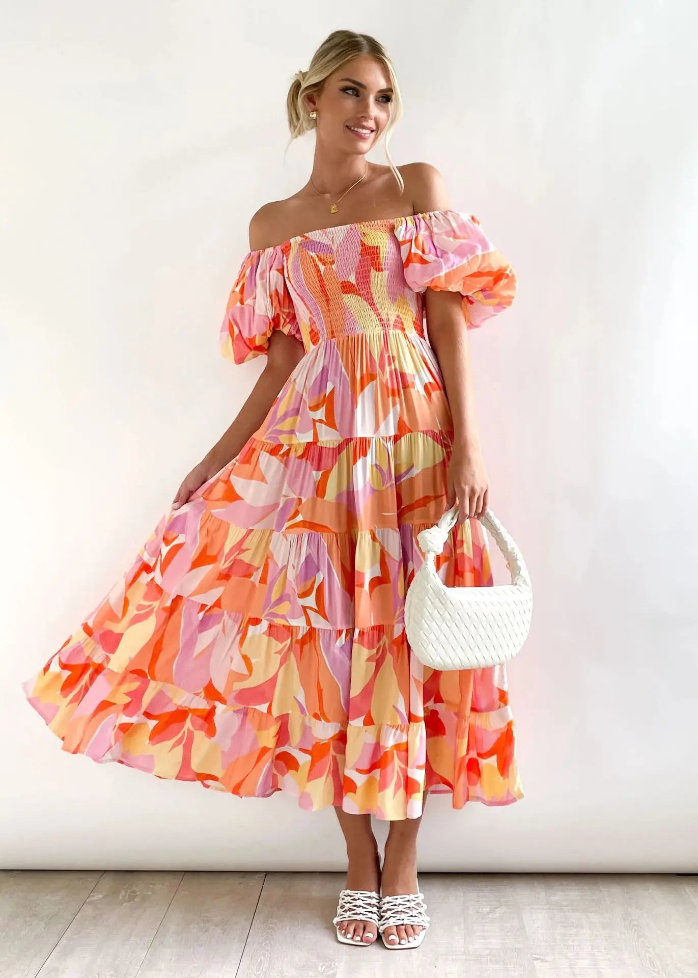 Women’s Off-Shoulder Puff Sleeve Floral Maxi Dress