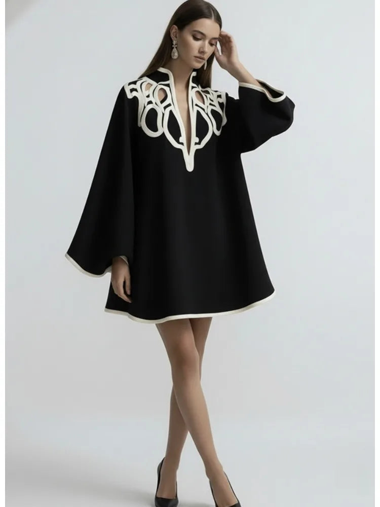 Hollowed V-Neck Mini Dress – Flared Sleeves A-Line Dress -Black