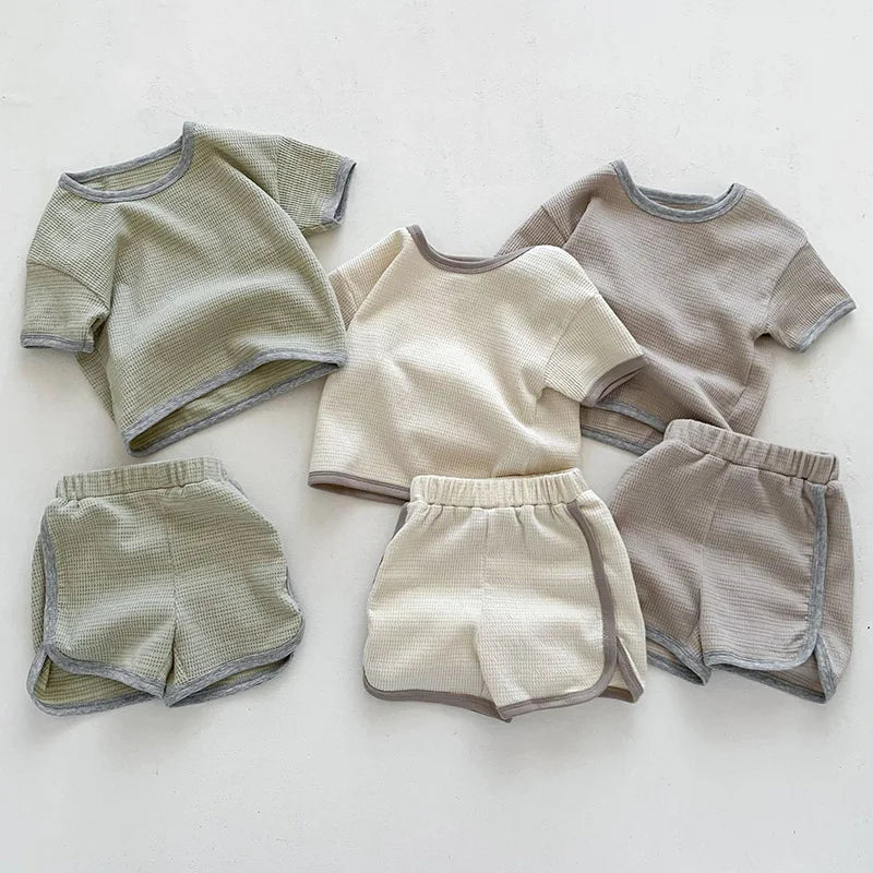 Summer Waffle Cotton Baby Clothing Set – T-shirt & Shorts (3M–3Y)