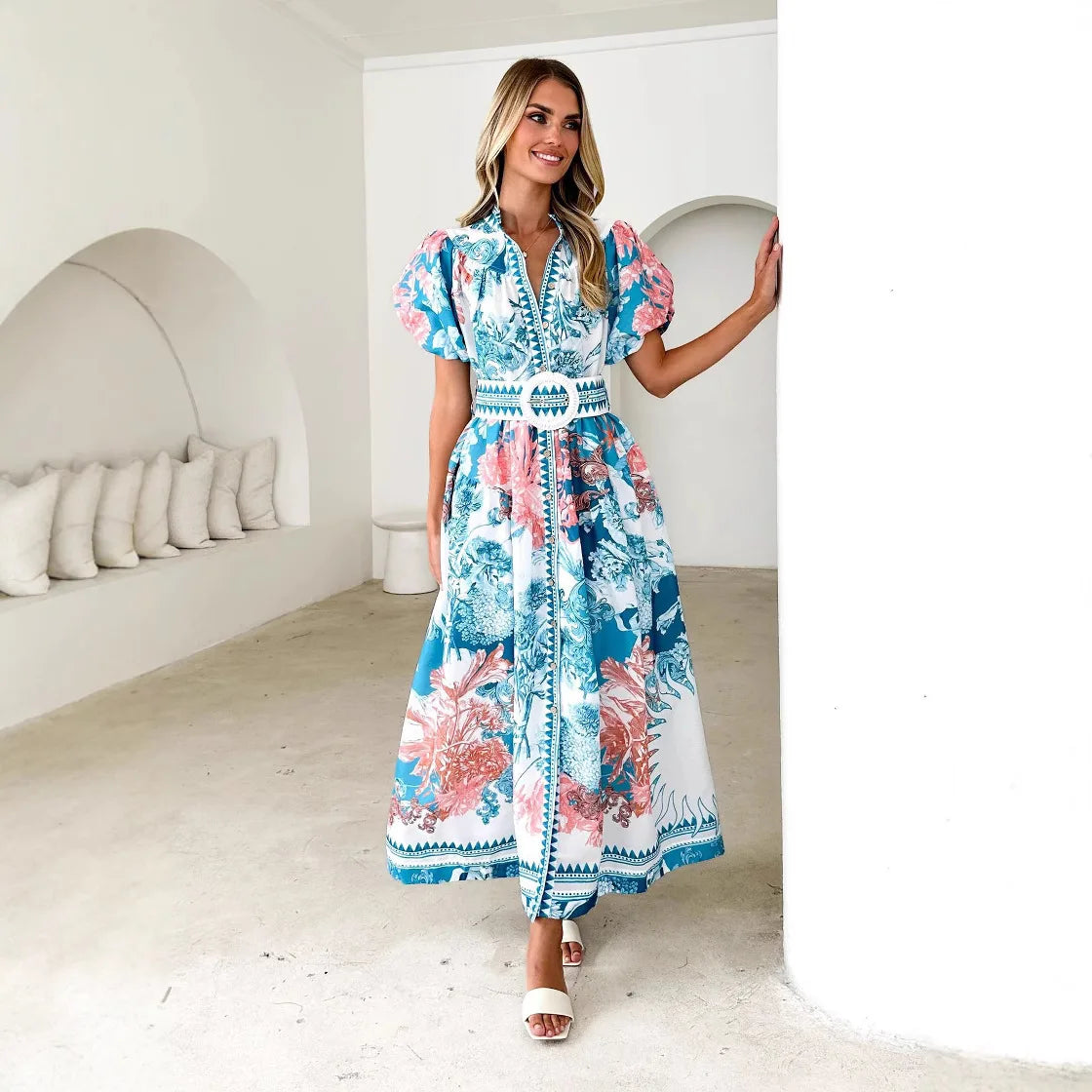 Summer Women’s Casual Tie-Print Long Dress – Loose Pleated Style