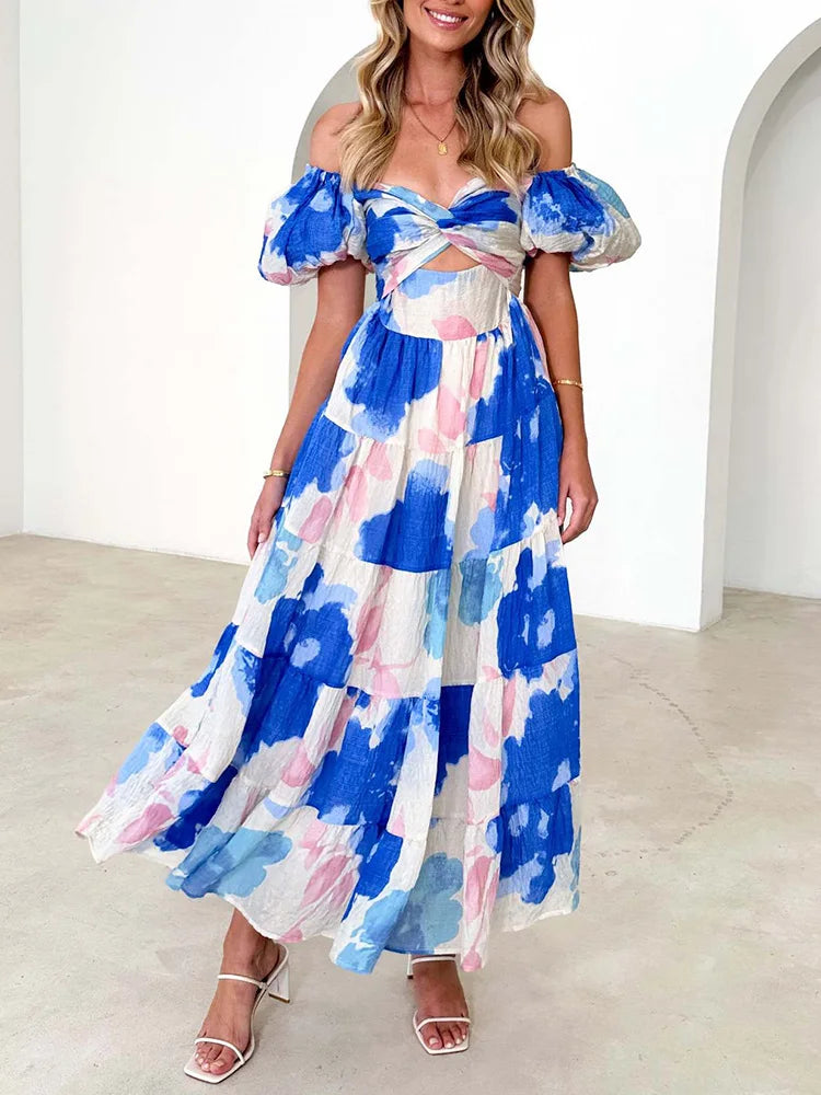 New Hollow Out Puff Sleeve Maxi Dress