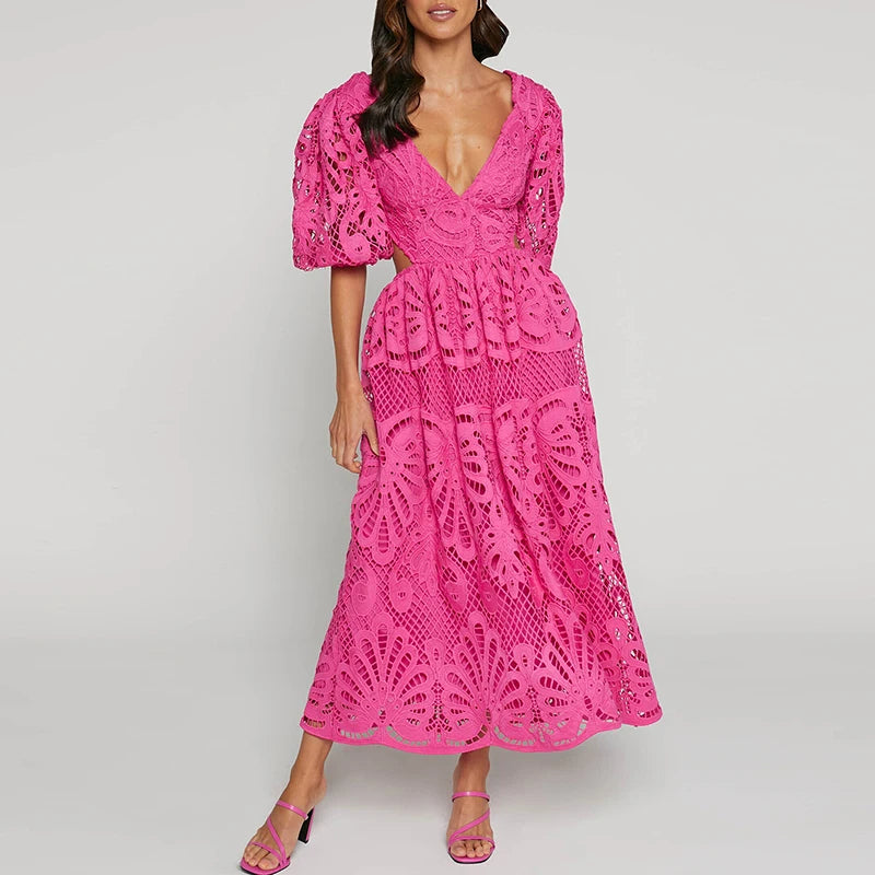 Women’s Embroidered Lace Puff Sleeve A-Line Dress