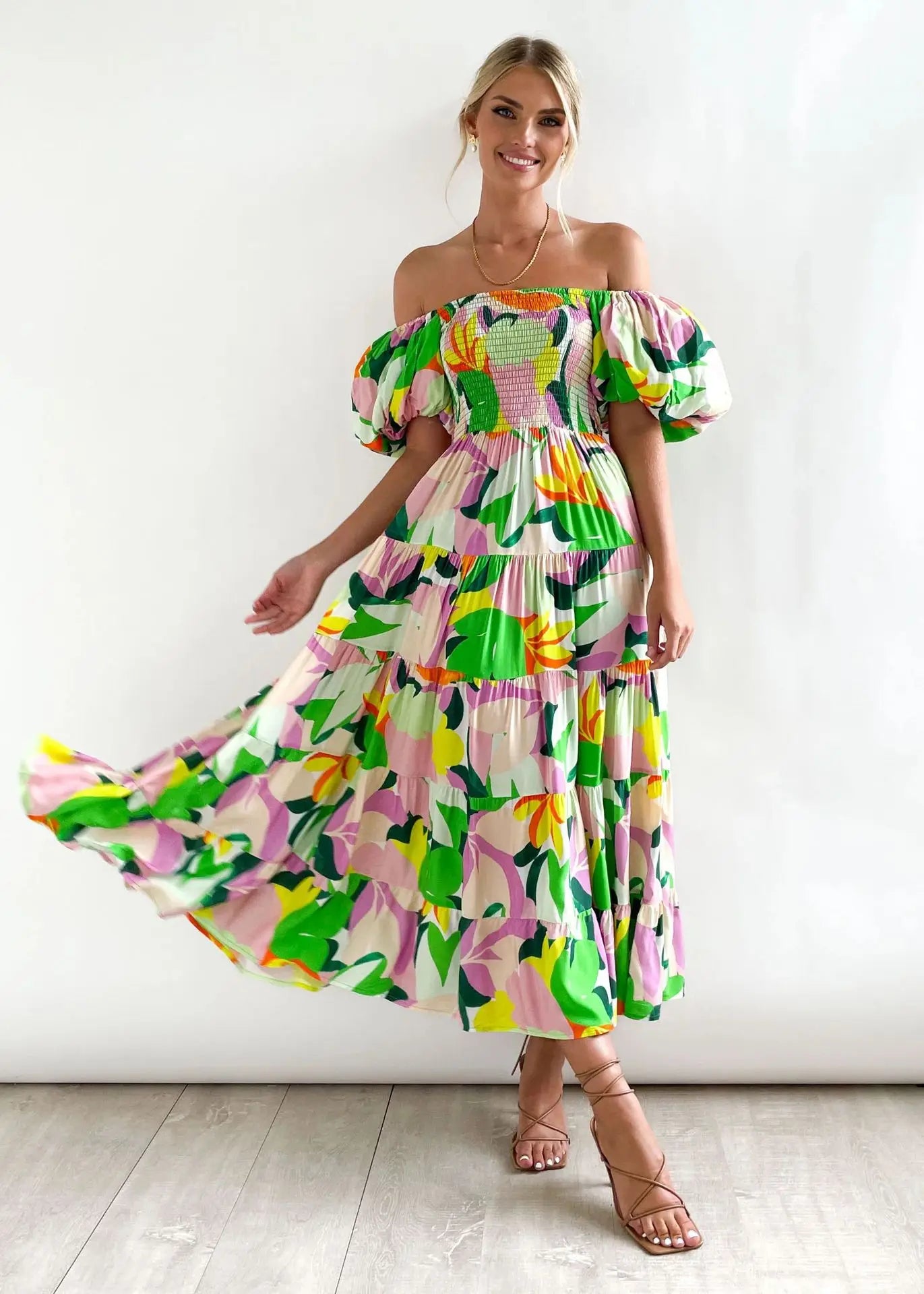 Women’s Off-Shoulder Puff Sleeve Floral Maxi Dress