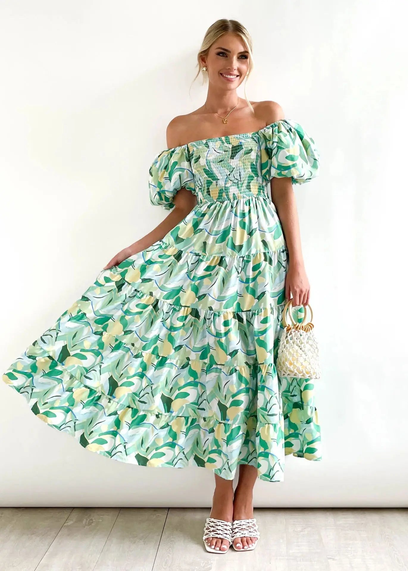 Women’s Off-Shoulder Puff Sleeve Floral Maxi Dress