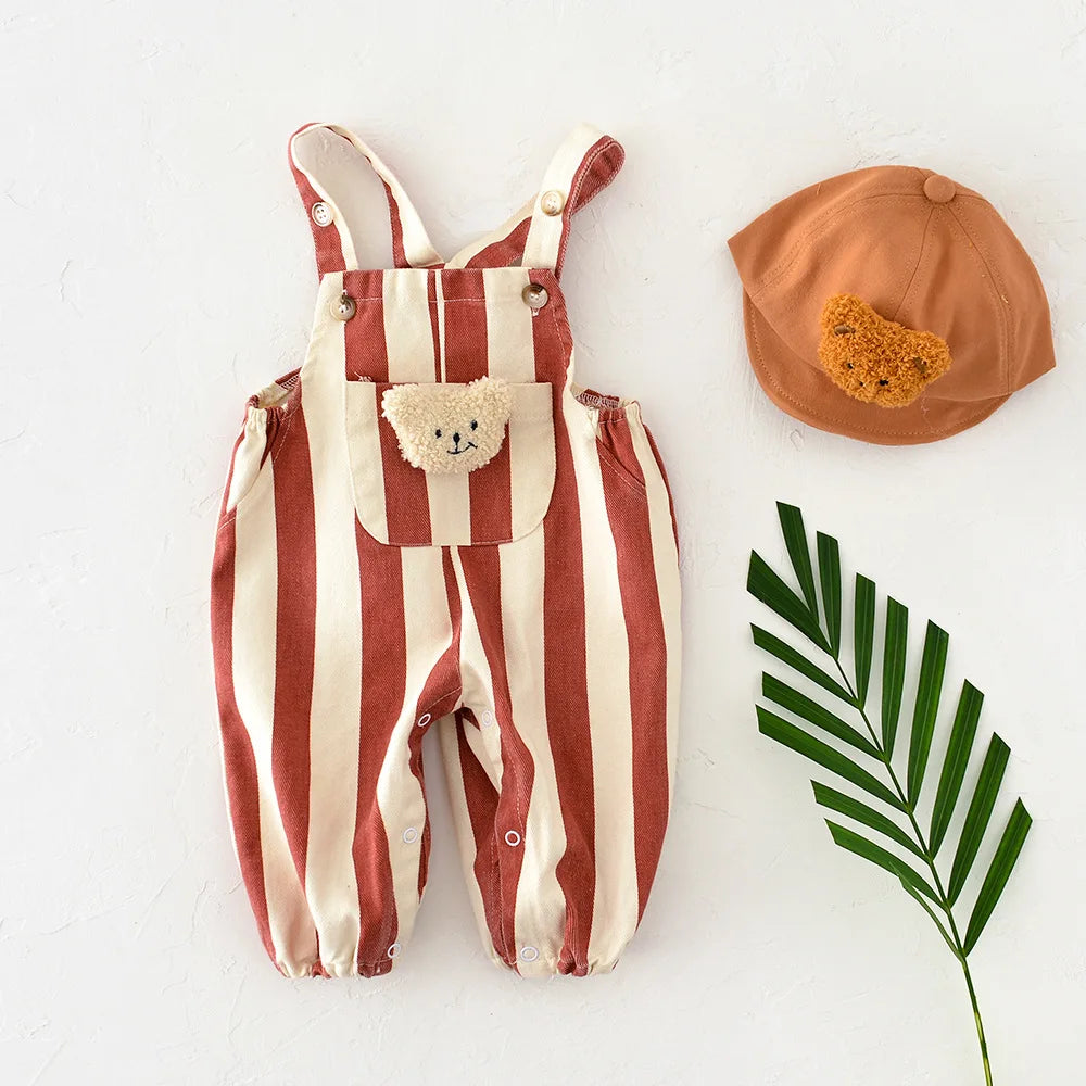Striped Baby Romper with Bear Doll – Unisex Jumpsuit