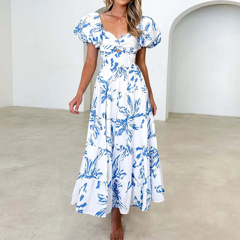 New Hollow Out Puff Sleeve Maxi Dress