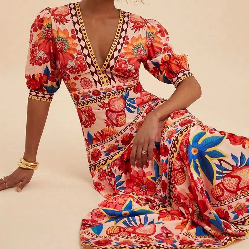 Women’s Elegant V-Neck Bubble Sleeve Long Dress – Vintage Floral Print